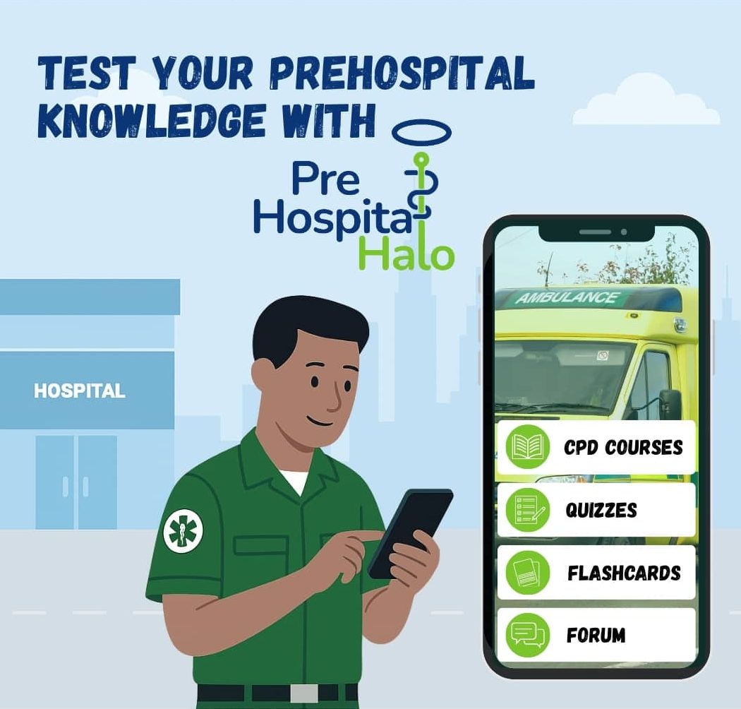 Promotional banner for the PreHospitalHalo app showing a mobile phone with options for CPD courses, quizzes, flashcards, and a community forum, alongside text promoting prehospital knowledge for paramedics.