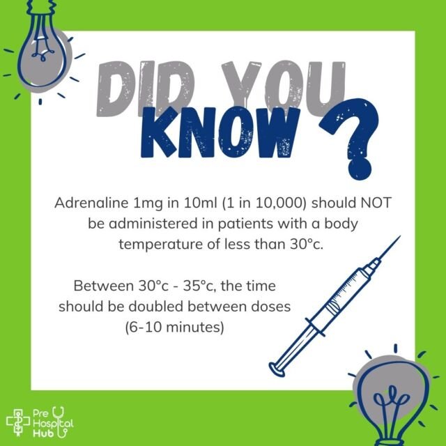 Did You Know? - Adrenaline 1:10000 should NOT be administered if body temperature is less than 30°c. 

#paramedicstudent #prehospital #ambulance #medicine #paramedics #nursing #studentnurse #nursingstudent  #paramedictraining #healthcareprofessionals #interestingfacts #didyou know