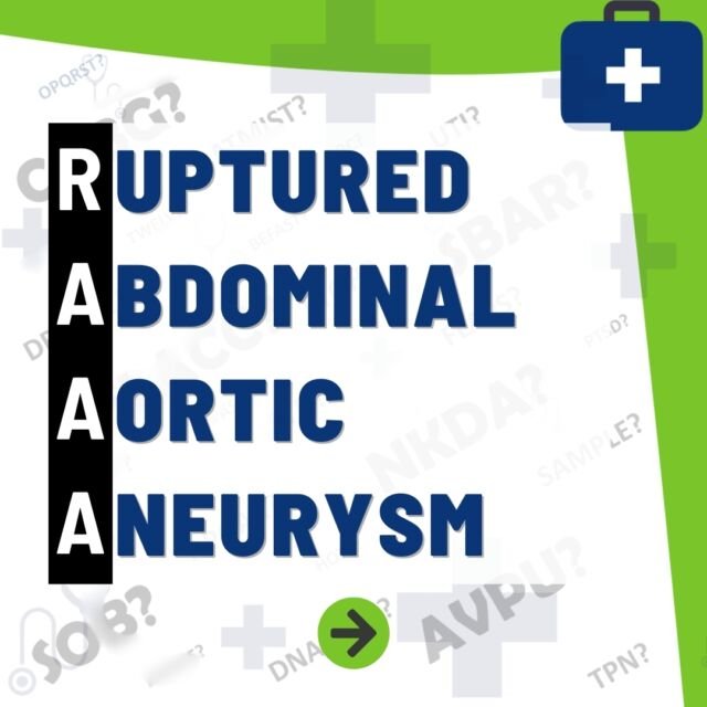 What Does RAAA Stand For? 

R = Ruptured 
A = Abdominal
A = Aortic
A = Aneurysm 

A Ruptured Abdominal Aortic Aneurysm (RAAA) is when an aneurysm in the abdominal section of the aorta, the major blood vessel supplying blood to the body, bursts.

#paramedicstudent #prehospital #ambulance #medicine #paramedics #nursing #studentnurse #nursingstudent  #paramedictraining #healthcareprofessionals #medicalterms #AAA